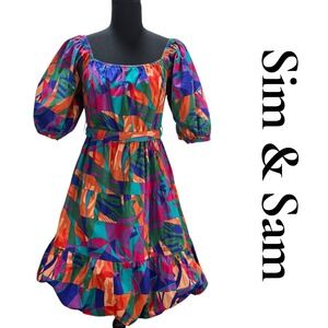 Anthropologie Sim & Sam Dress L Cotton Abstract Bubble Smocked Boho‎ Festival